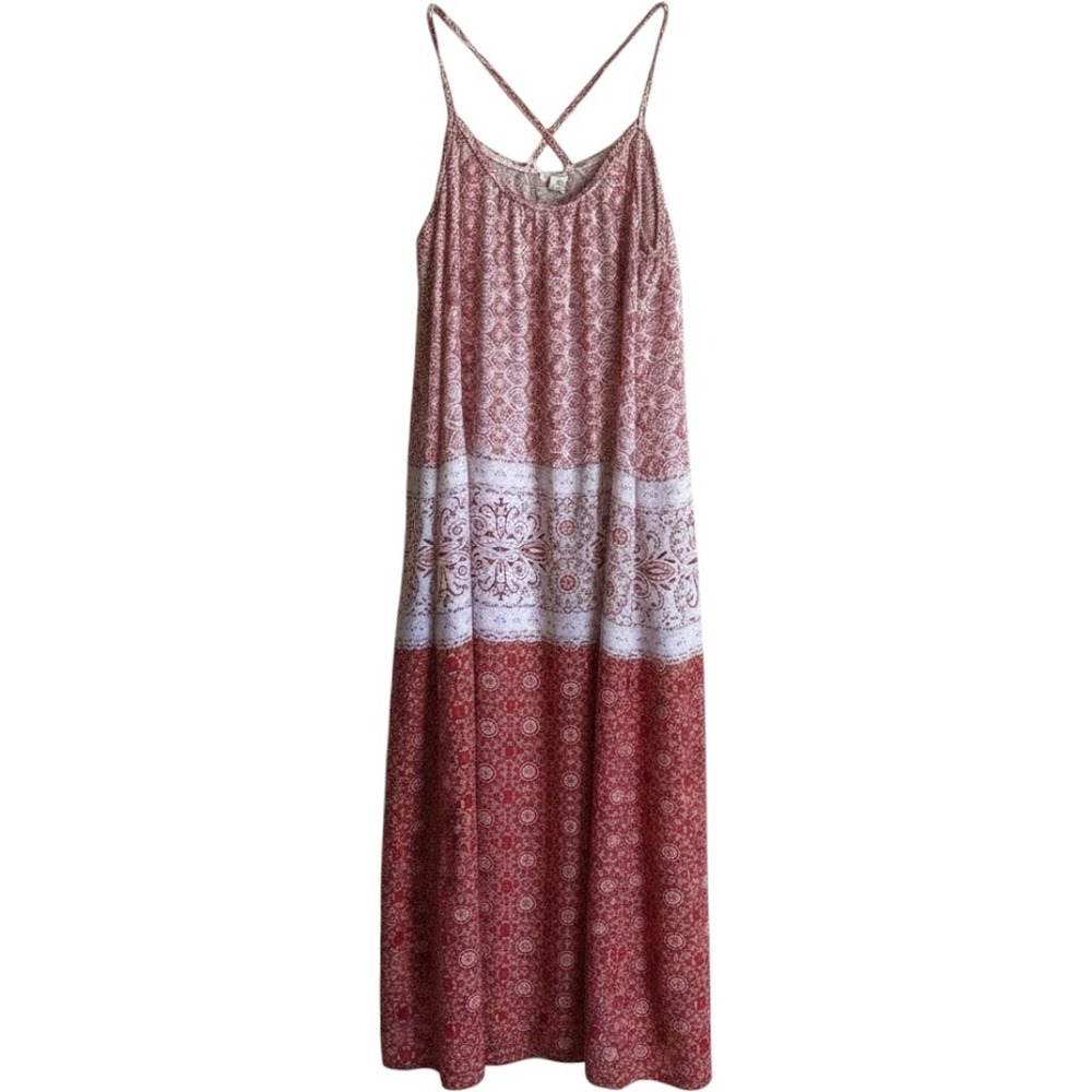 Red White Patterned Maxi Dress boho sleeveless drawstring oversized small